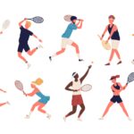 collection of men and women dressed in sports apparel playing tennis. set of sportsmen and sportswomen holding rackets and hitting ball isolated on white background. flat cartoon vector illustration.